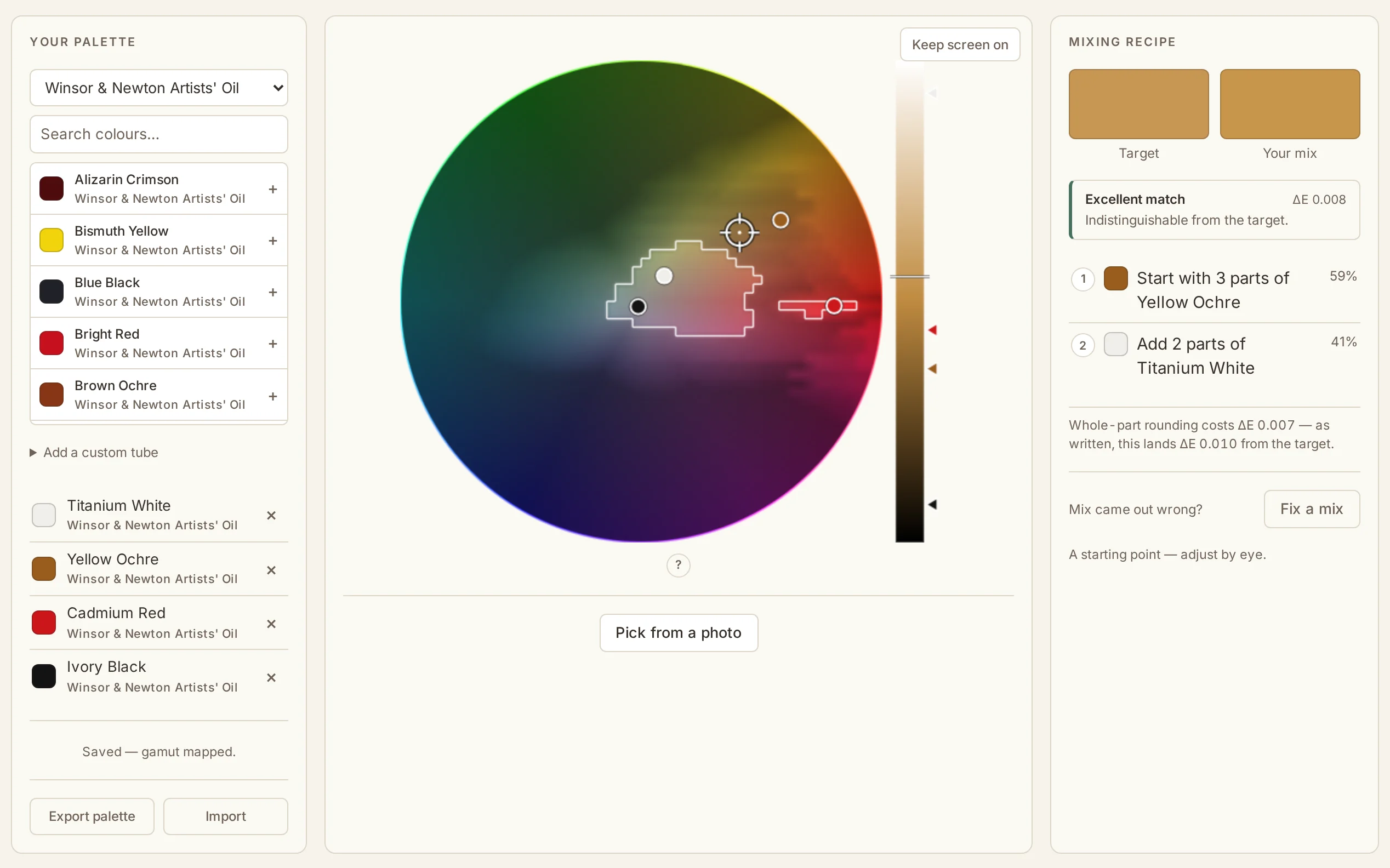 Halftint showing a Zorn palette of four tubes with the colour wheel dimmed everywhere the palette cannot reach, and a mixing recipe with its ΔE