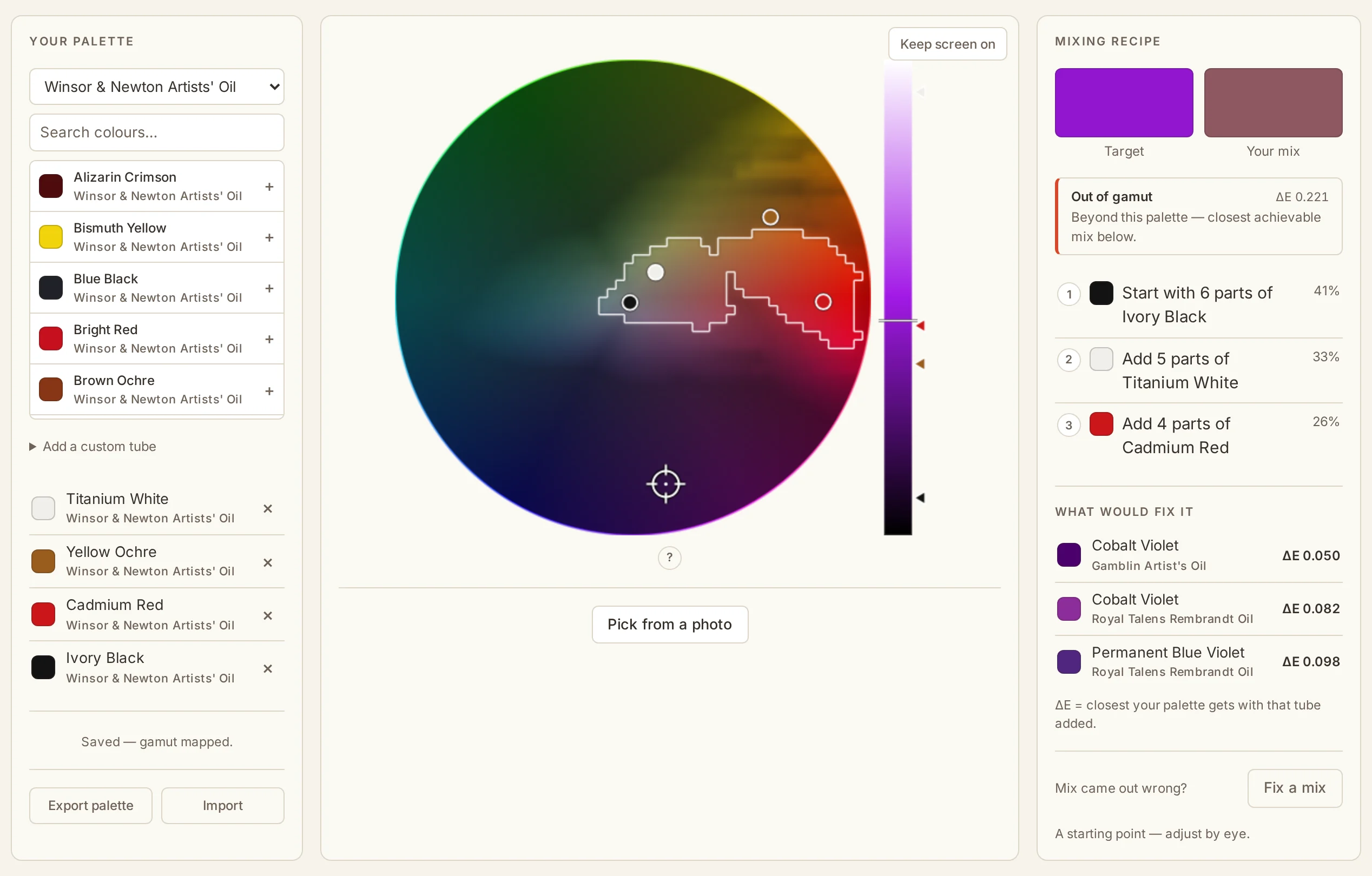 A vivid violet target sitting in the dimmed out-of-gamut zone of a Zorn palette, with the closest achievable mix, the ΔE, and a suggested tube of cobalt violet to close the gap